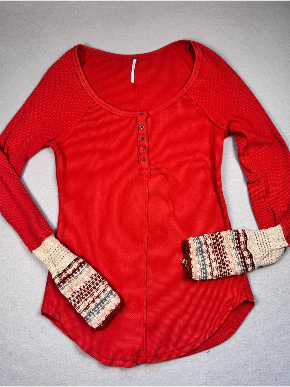 Free People Red Thermal Henley Top with Patterned Cuff Accents